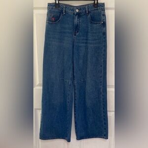 Crider Red and Blue Wide Leg Jeans with fire Design